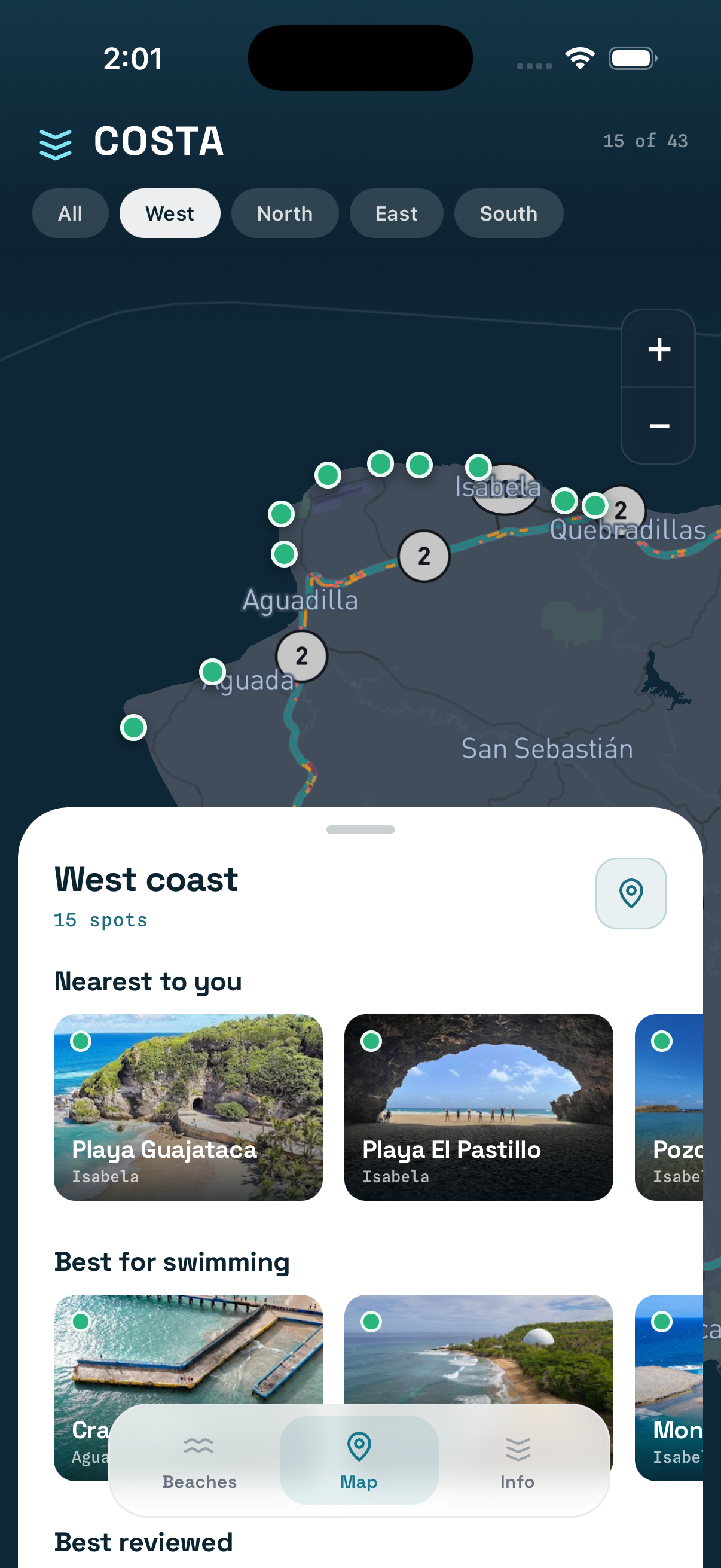 Costa — beach map with verdict-colored pins