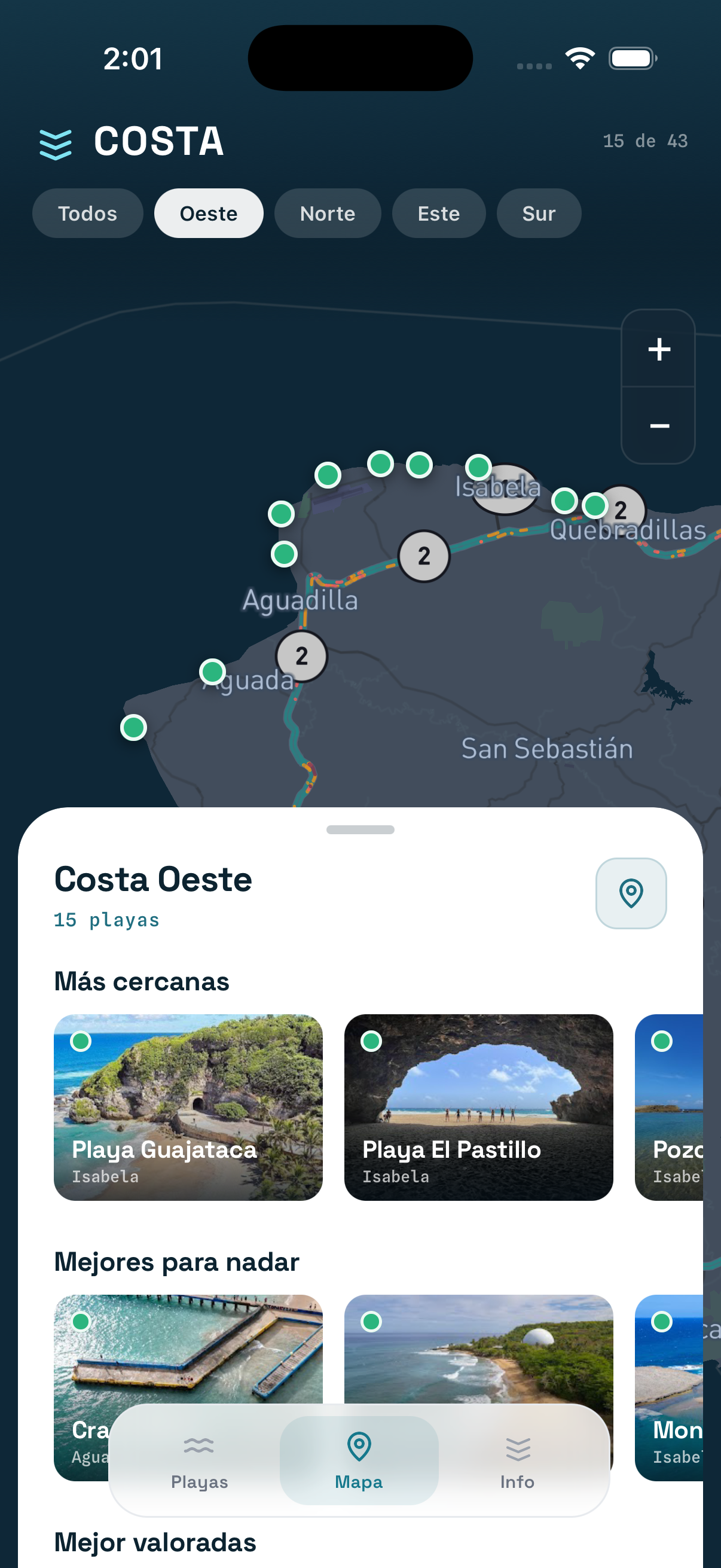 Costa — mapa de playas con veredictos por color